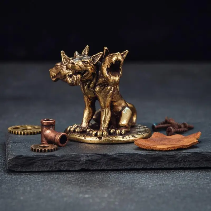Three Headed Wolf Small Brass Figurine Mini Vintage Animal Statue Portable Desktop Ornament for Office Home Shelf Decor Unique