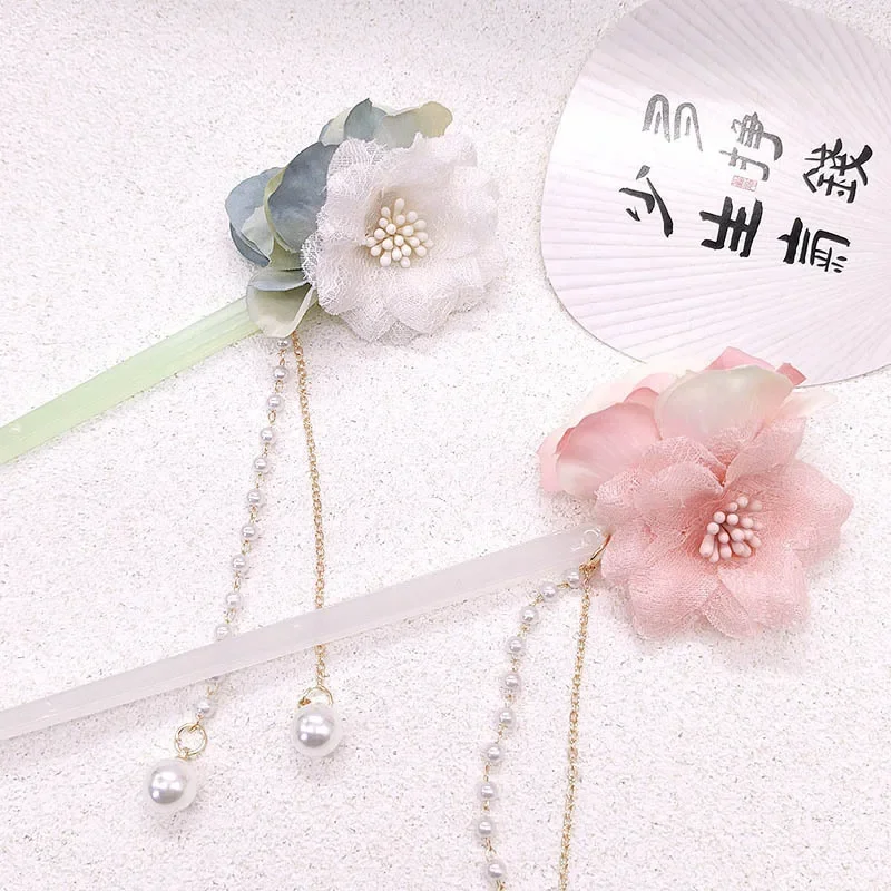 Chinese-style flower pearl tassel hairpins, Hanfu headwear accessories, hair hairpins, flower coil hairpins