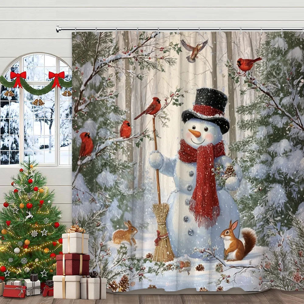1pc A Holiday-Themed Shower Curtain Featuring A Snowman Accompanied By Cardinals and Squirrels, Made of Polyester Fabric