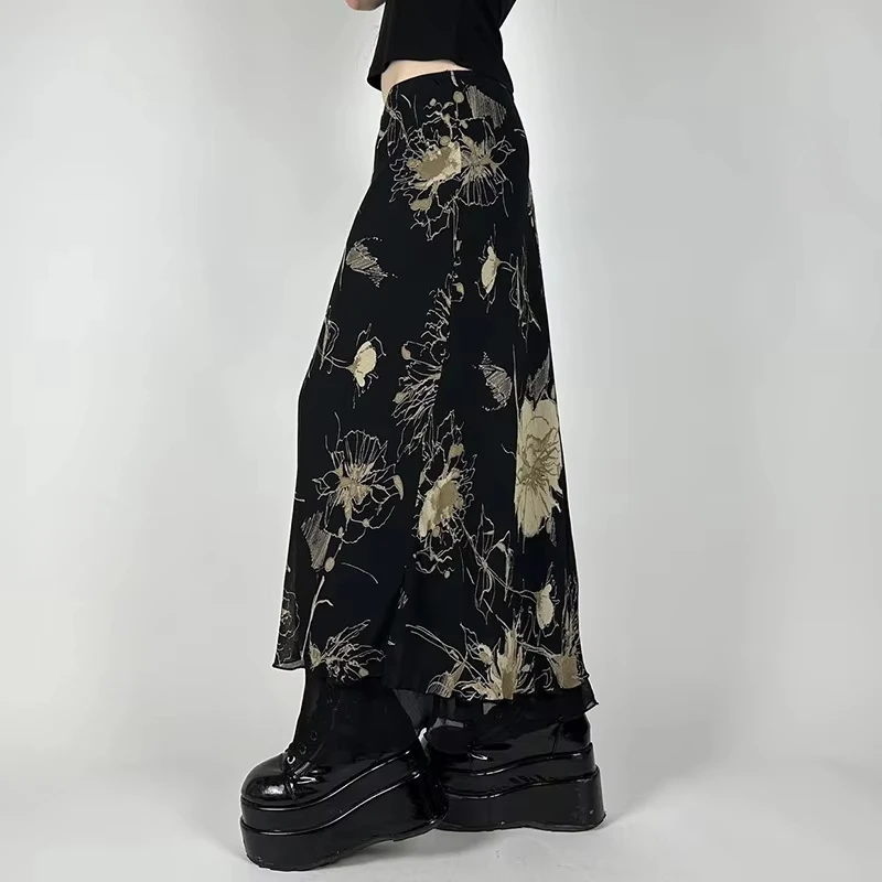 

Women's Gothic Dark Y2K Aesthetic Double Layer Mesh A-Line Skirt Florals Print Slim Fit Fairy Streetwear Bottom