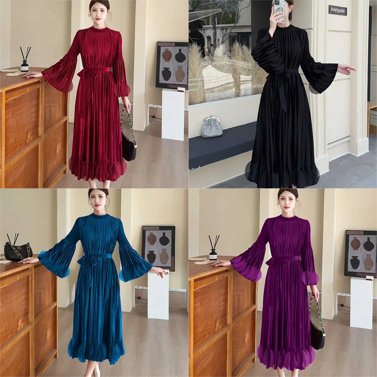 

Miyake Pleated 2025 Autumn and Winter New Gold Velvet Pleated Dress Lace Solid Colour Tie Fashion Temperament Elegant Skirt