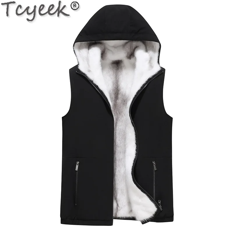 Tcyeek Natural Mink Fur Vest 2024 Winter Clothes Women's Sleeveless Jacket Warm Real Fur Vests for Women Hooded Fourrure Femme