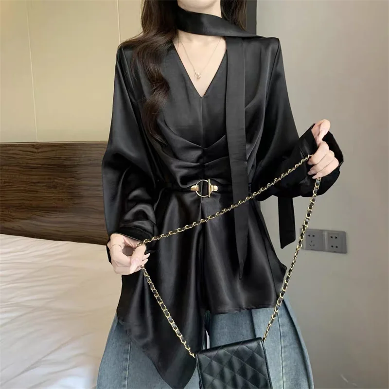 

Fashion Satin Ribbon V-Neck Long-Sleeved Shirt Tops 2026 New Spring Summer Women's Waist Tee Shirts White Black Belt Blouse