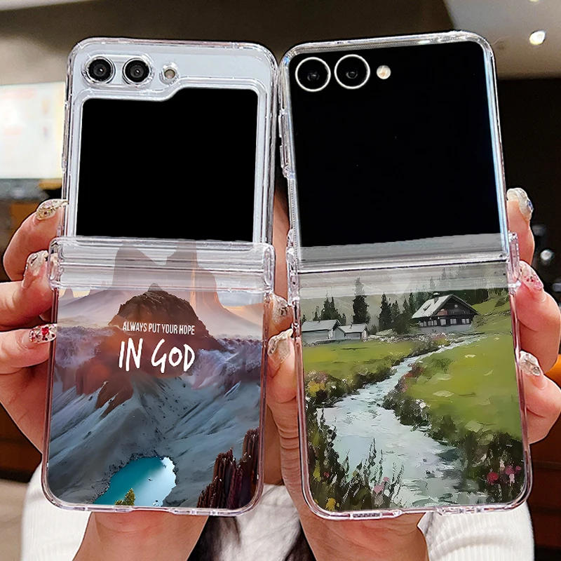Landscape Pattern Folding Phone Case For Samsung Galaxy Z Flip8 Flip7 FE Flip 8 7 6 5 4 3 5G Shockproof Transparent Hard Cover