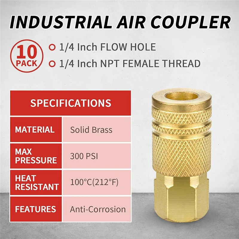 

T99C-1/4-Inch Brass Female Industrial Coupler,10 Pack Quick Connect Air Couplers NPT Internal For Air Hose Accessories