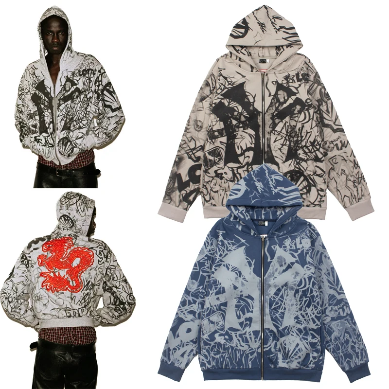 Y2k Hip Hop Graffiti MOWALOLA Print Zipper Hoodie Jacket Men Women Back Classic Red Embroidery Dragon Label Pullovers Clothes