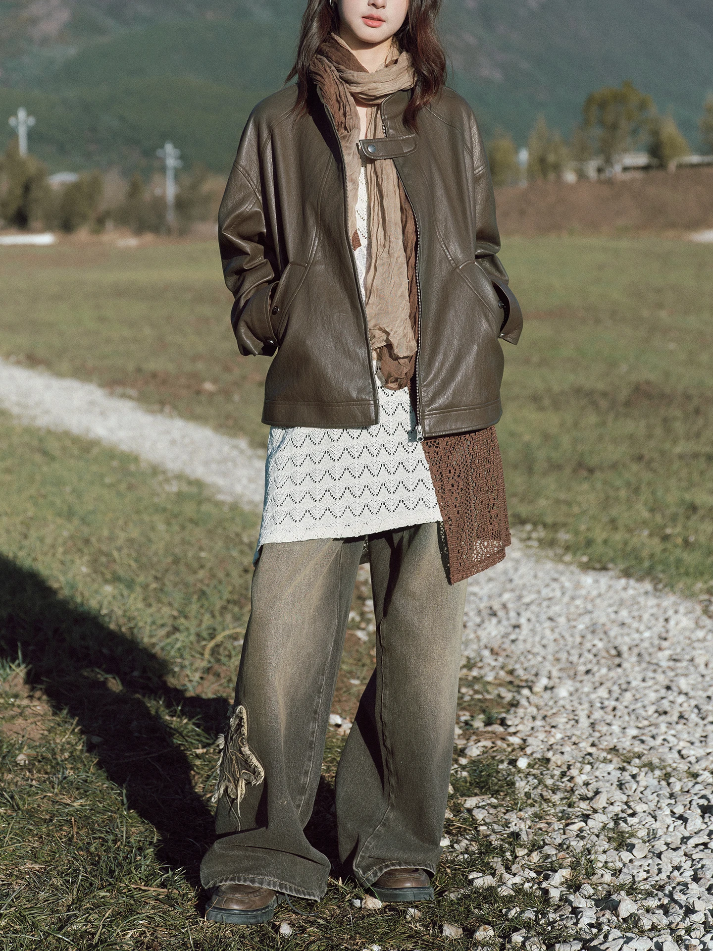 

Octopusme Vintage Brown Leather Dr And Wide Leg Pants Set Hollow out Design ex Faion Ensemble for Casual Ocns