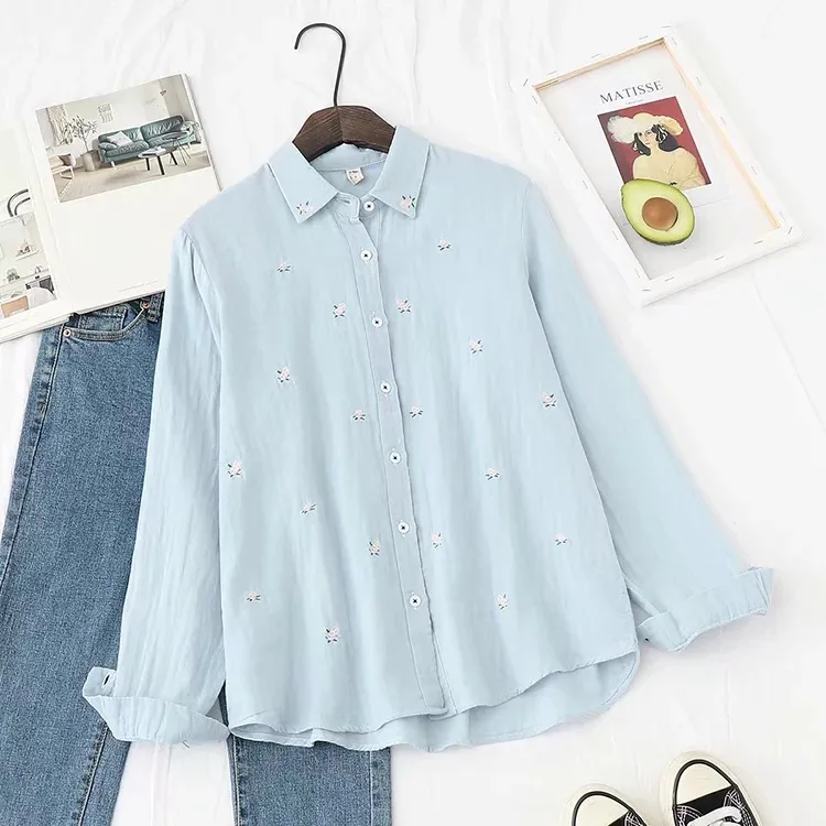 2024 Spring Autumn New Fresh Cotton Yarn Ladies Long Sleeve Shirt Flower Embroidered Women\'s Casual Shirt Female Blouse Clothes