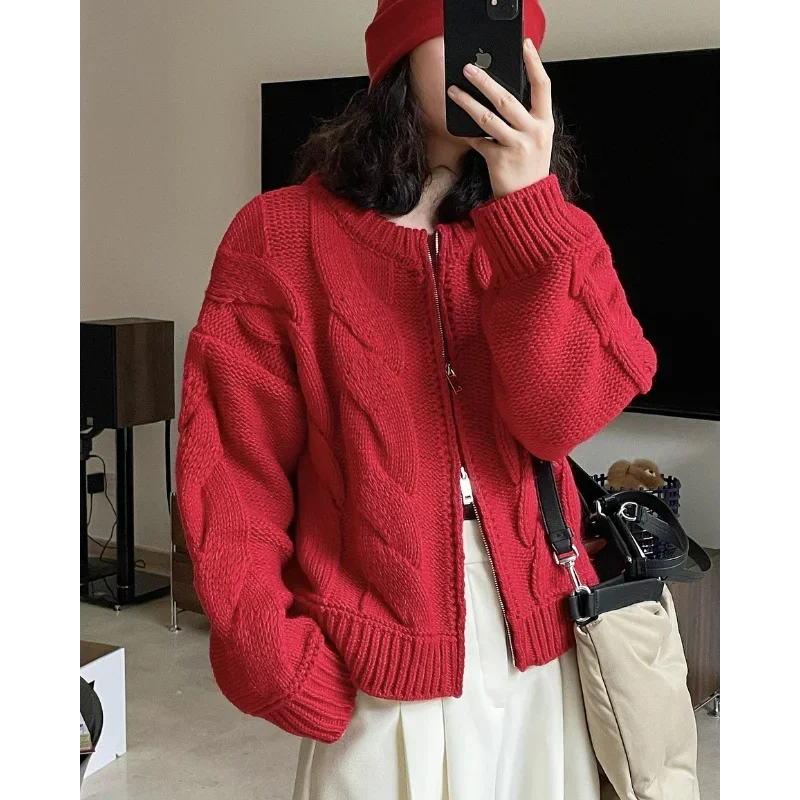 Early Spring Wool Blend Knitted Cardigans Women Jackets Sweaters Loose Casual Zipper Korean Lazy Style Red Cable Stand Collar