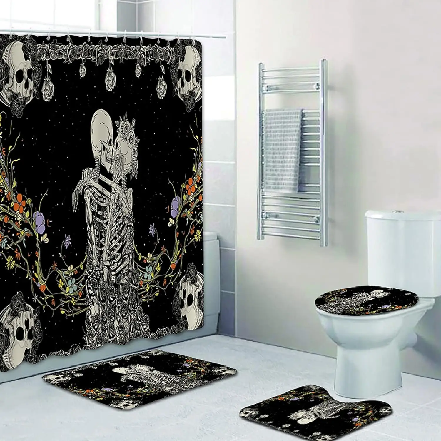 Halloween Decorations Shower Curtain Set with Non-Slip Rugs and Bath Mats,4Pcs Skull Black and White Skeleton Couple with Floral