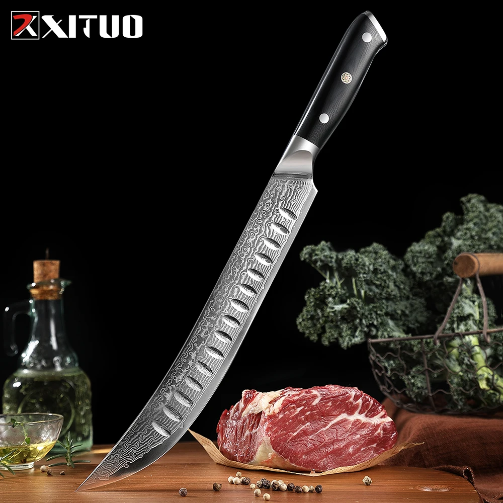 

XITUO 10" Butcher Breaking Knife Damascus Steel Carving Knife Sharp Slicing Knife Kitchen Knife VG10 Steel Core Full Tang Handle