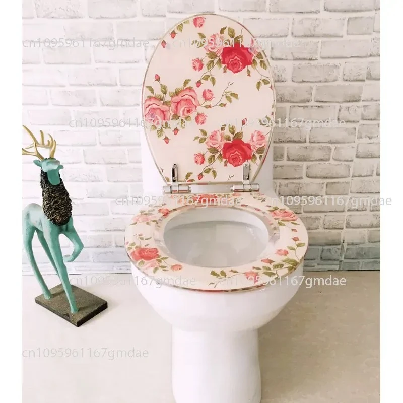 Resin toilet cover flower, toilet cover OUV type universal replacement stainless steel slow drop hinge free