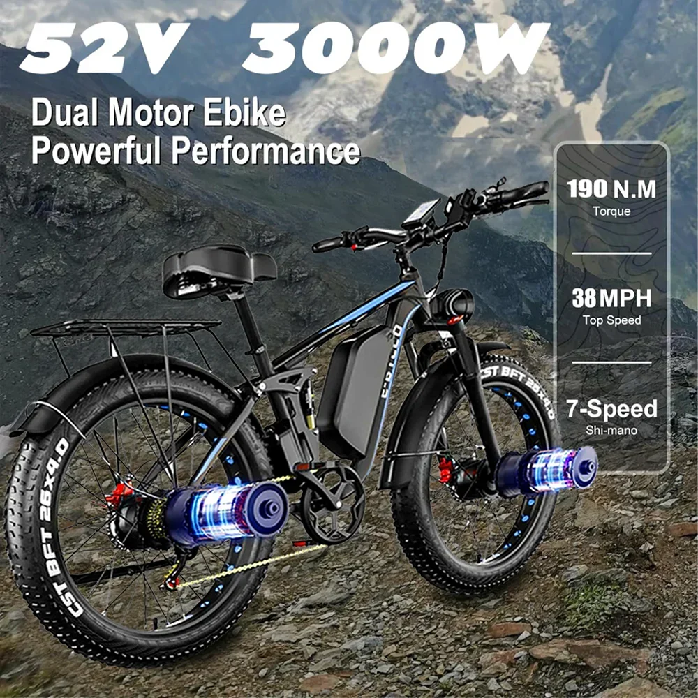 3000W new popular model launched with a maximum speed of 65km/H E-bike Seeker24 fat tire electric bicycle dual motor 52V 23AH