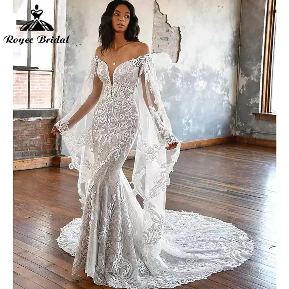 Off Shoulder Vestido Mermaid Boho Bohemian Wedding Dress Deep V Neck Lace Appliques Long Flare Sleeve Bridal Gowns Robe Mariage