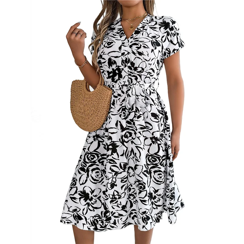FX - Letnie sukienki damskie z dekoltem w serek, krótkim rękawem i kwiatowym wzorem, zwiewne sukienki letnie dla kobiet 2025