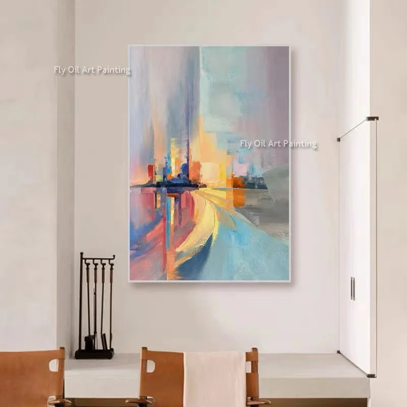 Abstract Yellow Green Grey Large Hand Painted Home Wall Art Decor Items Popular Design Small City Building Canvas Oil Painting