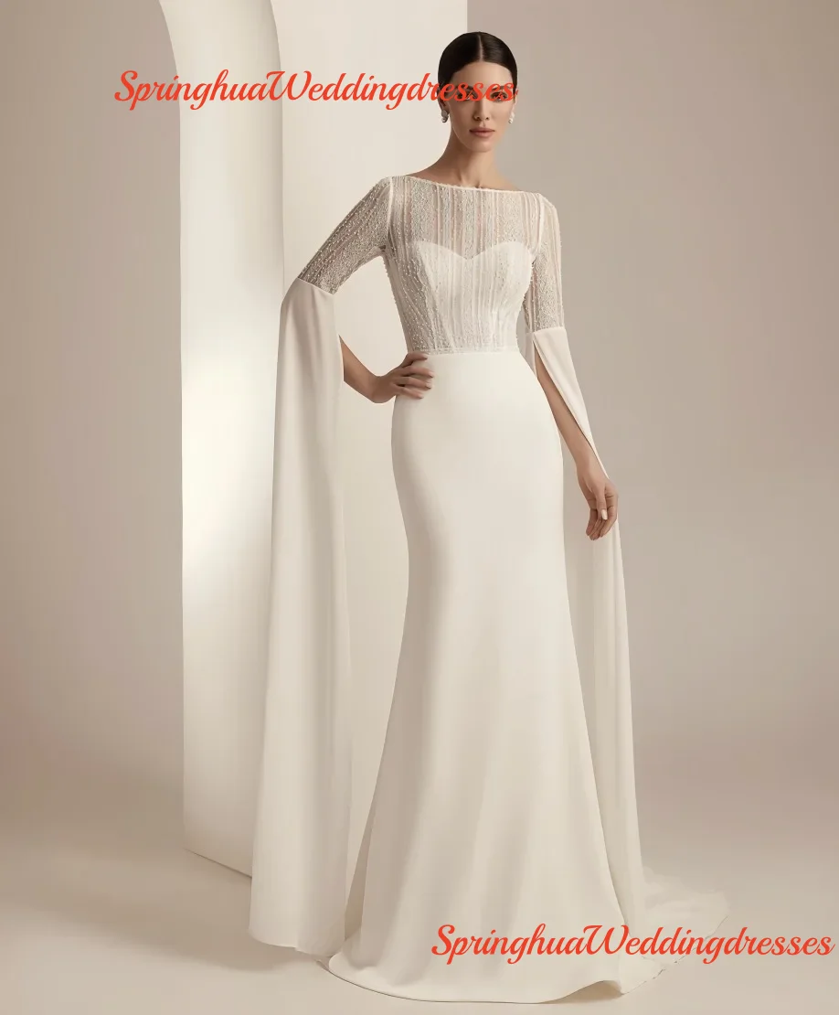 Customized Gorgeous Wedding Dress, Spoon Collar, Long Sleeve Mermaid Train Party Dress Vestidos De Novias
