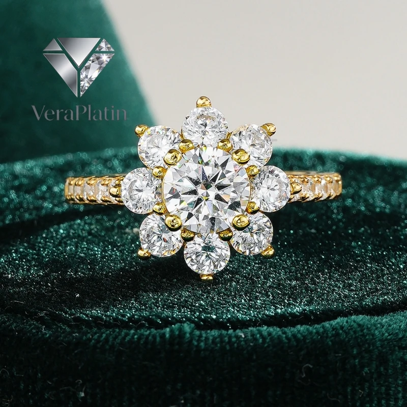 

VeraPlatin Women Engagement 18K Gold Wedding Band 1CT Moissanite Diamond Girl Friend Valentine's Day Wife Birthday Gift Sunflowe