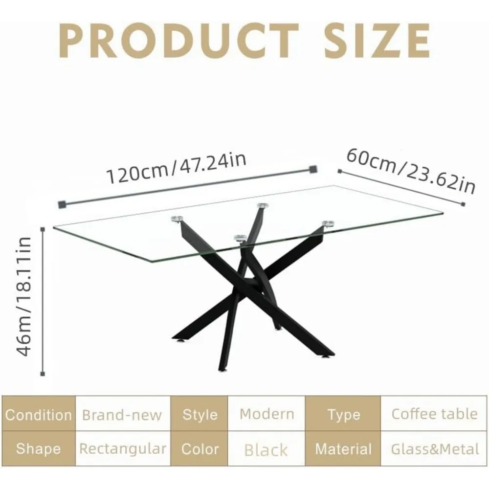 Salontafel van gehard glas met metalen poten, rechthoekige moderne woonkamertafel voor thuiskantoor woonkamer 47,3"x23,6"x18,1")