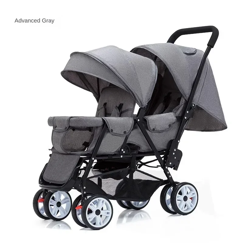 Nieuwe Twins kinderwagen voor- en achterbank, twee personen kunnen zitten en liggen, lichtgewicht opvouwbare kinderhandkar kinderwagen