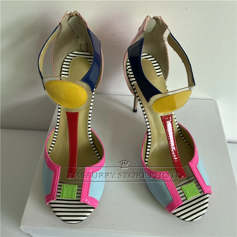 Sweet Jelly Color Peep Toe Gladiator Sandals Women Stiletto Heel T-strap Back Zip Patent Leather Mixed Color Summer Shoes