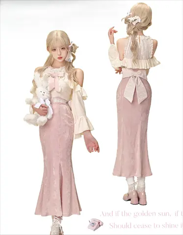 Velvet Sweet Tea Apricot Off-Shoulder Ruffle Long Sleeve Top Pink Bodycon Long Skirt