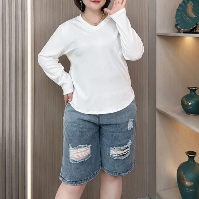 2024 Spring New V-neck Basic Round Neck Tops Plus Size Loose Casual Long Sleeve T-shirt For Women