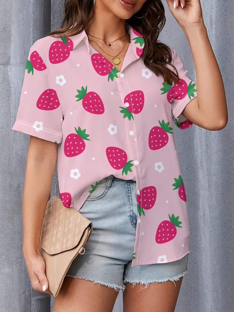 Strawberry 3d Digital Printing Shirt Summer Daily Home Leisure Short Sleeve Shirt Fashion Harajuku Women's Loose Casual Shirt