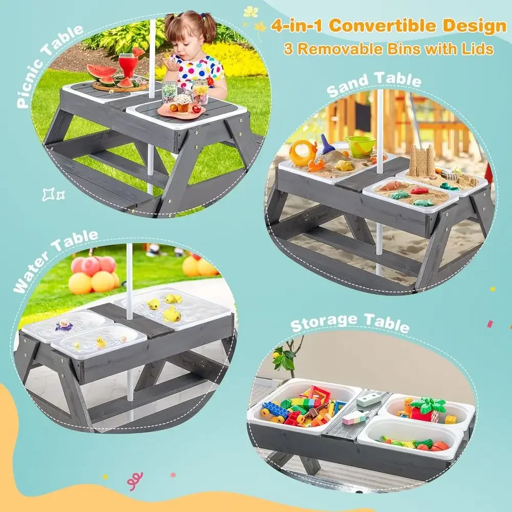 4-in-1 Children's Picnic Table with Sensory Bins, Sand & Water Play, Height-Adjustable Umbrella, Removable Top for Outdoor Fun