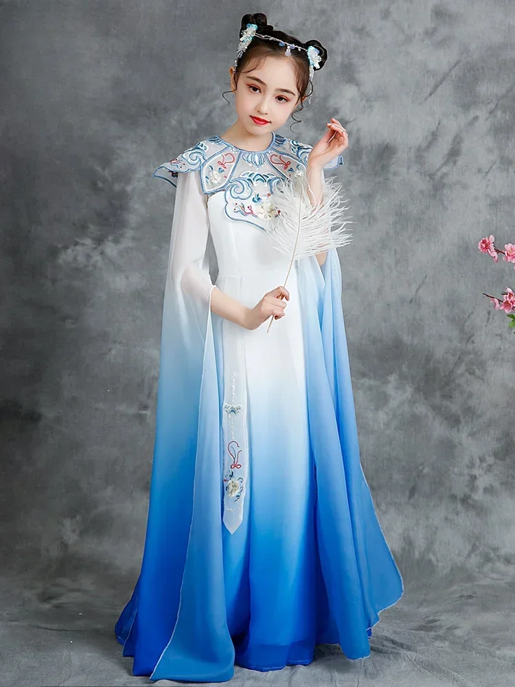 중국 스타일 Hanfu Guzheng 공연 어린이 고전 무용 의상 소녀 공연 드레스 파란색 흰색 도자기 드레스