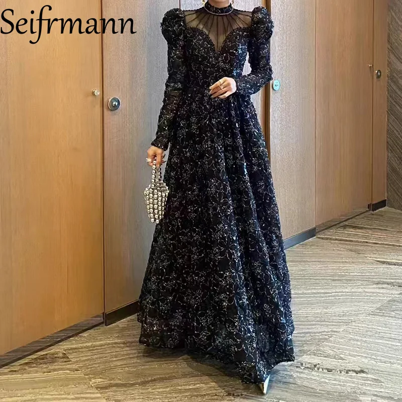Seifrmann cor bloqueando high-end banquete vestido de noite 2025 outono feminino manga comprida sem alças ouro bordado lantejoulas grande