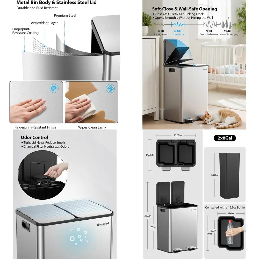 

Двойной мусорный бак для кухни из нержавеющей стали на 8 галлонов с крышкой на педали, серебристый