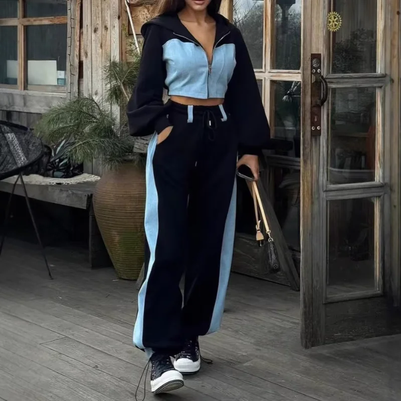 Europe Fashion Casual Premium Sets Denim Patchwork Hoody Sweatshirts Drawstring Straight Slim Suit Elegant Matching Suit
