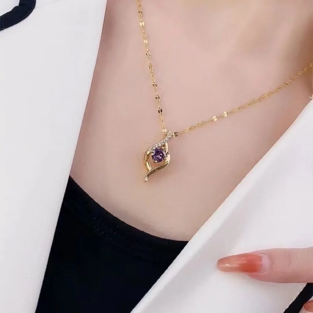 الفولاذ المقاوم للصدأ مزاجه الرجعية الأرجواني كريستال قلادة قلادة للنساء سحر الزركون طوق كوريا مجوهرات Colorfast هدية