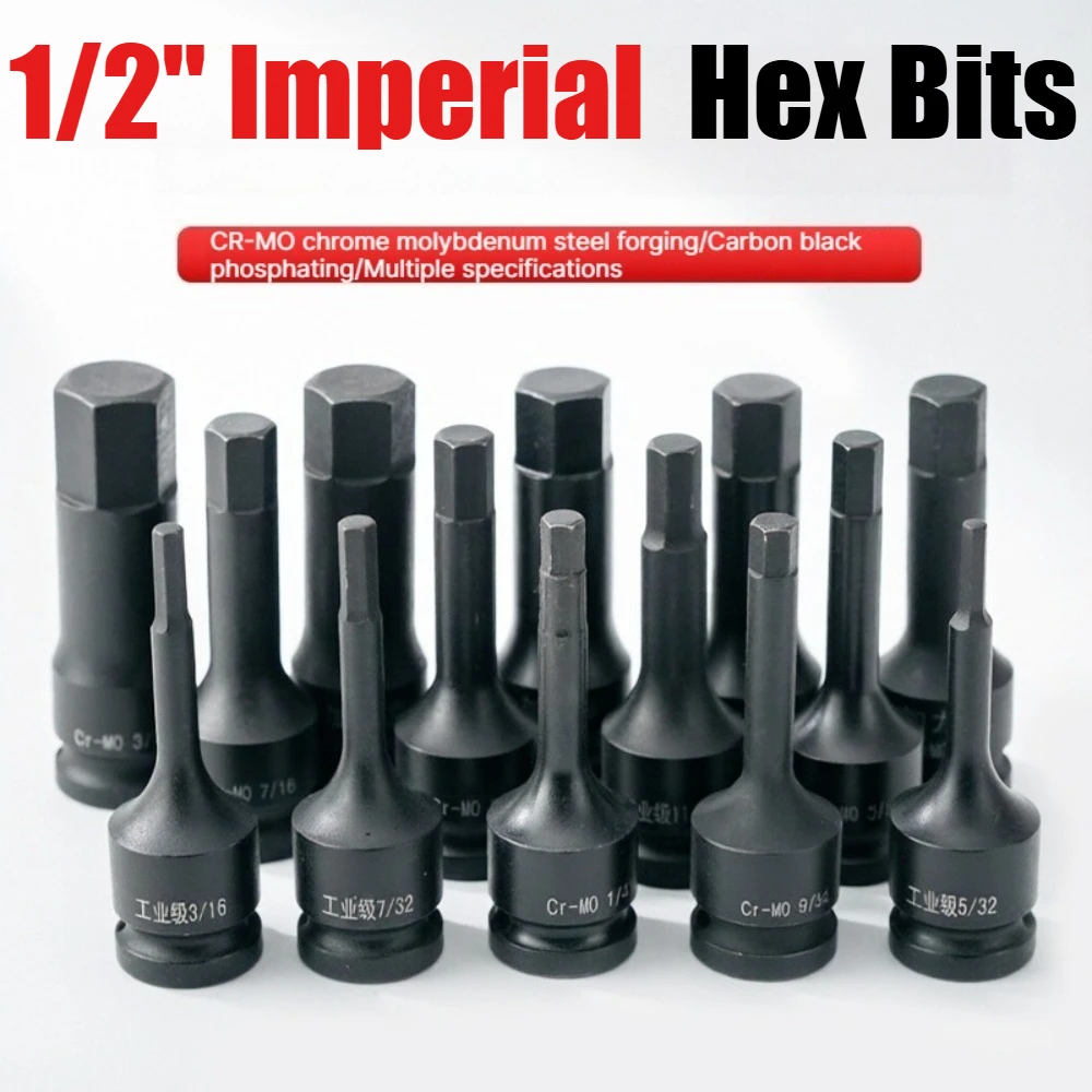 Imperial 1/2 Drive Impact Hex Bit Socket Set Allen Key Metric 5/8 1/2 11/16 3/4 9/16 1/4 3/8 Hexagon Screwdriver Bits Head