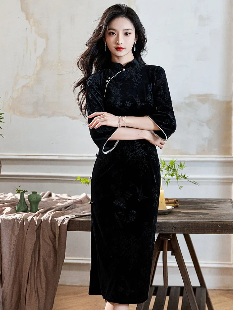 

Bla Velvet Young Sle Women's Qipao Long Sve Autumn New Vintage Slim Fit Spring Autumn Season Traditional Chinese Costume