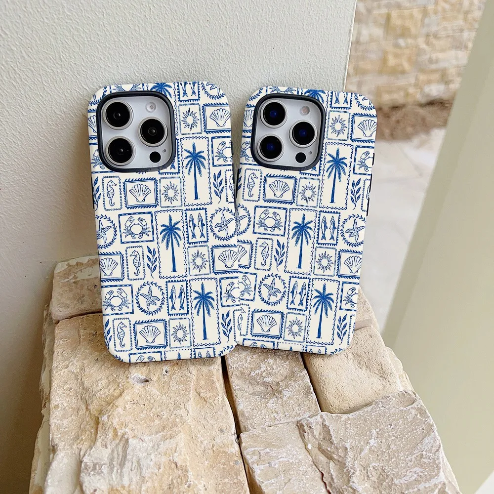 Vintage Blue Line Drawing Phone Case for Samsung Galaxy S22 S23 S24 S25 S26 FE Plus Ultra Edge 4G 5G Luxury Double-layer