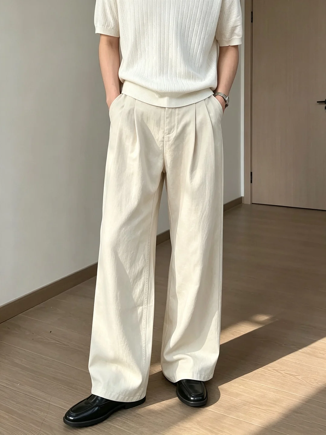 Comfortable Linen Men's Summer Pants Pleated Slim Fit Casual Trousers Breathable Lightweight Straight Leg West Pants