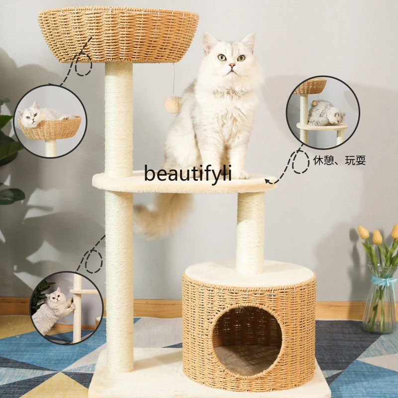 Cat Climbing Frame Sisal Nest Tree Integrated Vertical Rattan Solid Wood Shelf Jumping Platform Cat Supplies