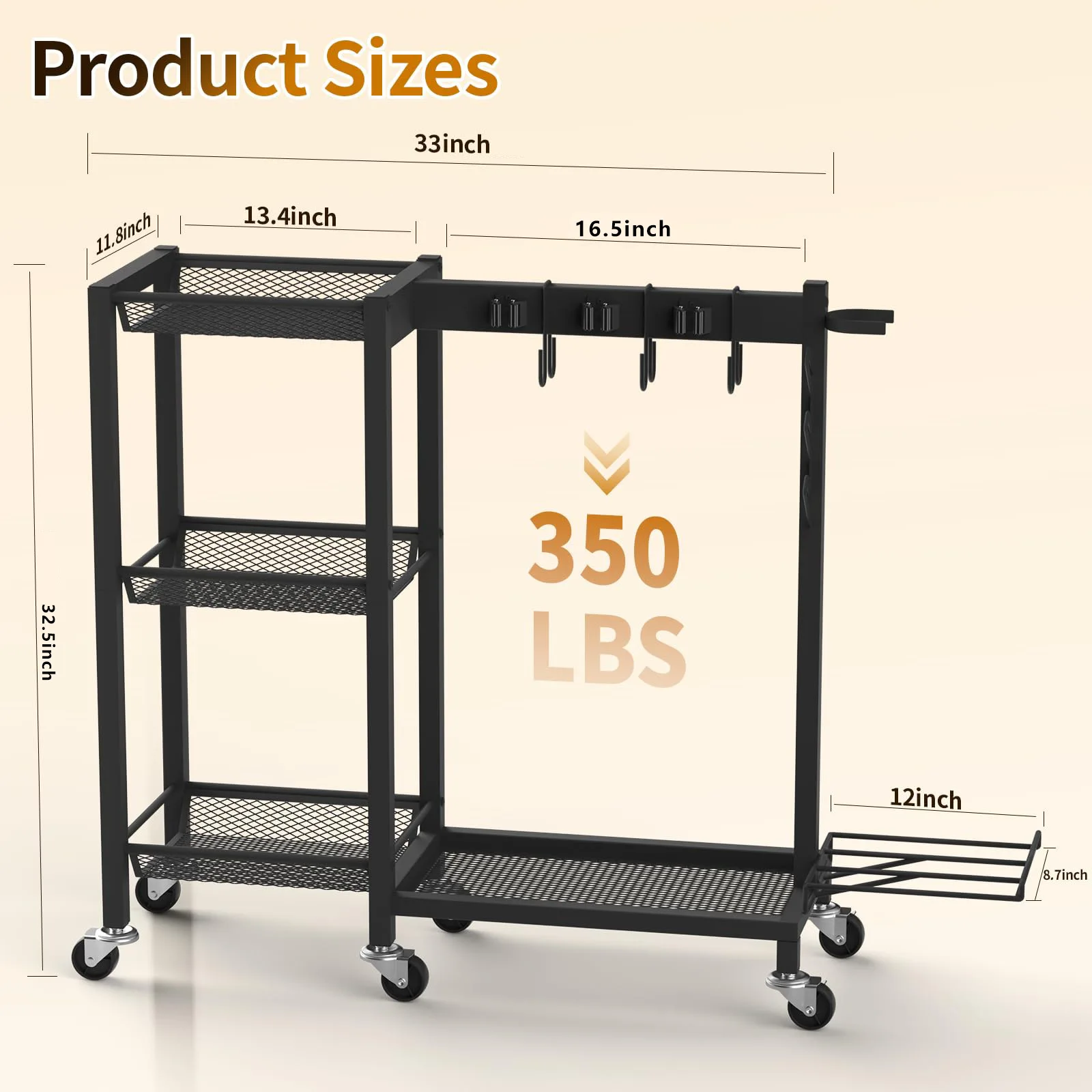 #Three-layer Movable Metal Floor-standing Household Storage Rack Multi-purpose Tool Rack for Mop Broom Cleaning Utensils