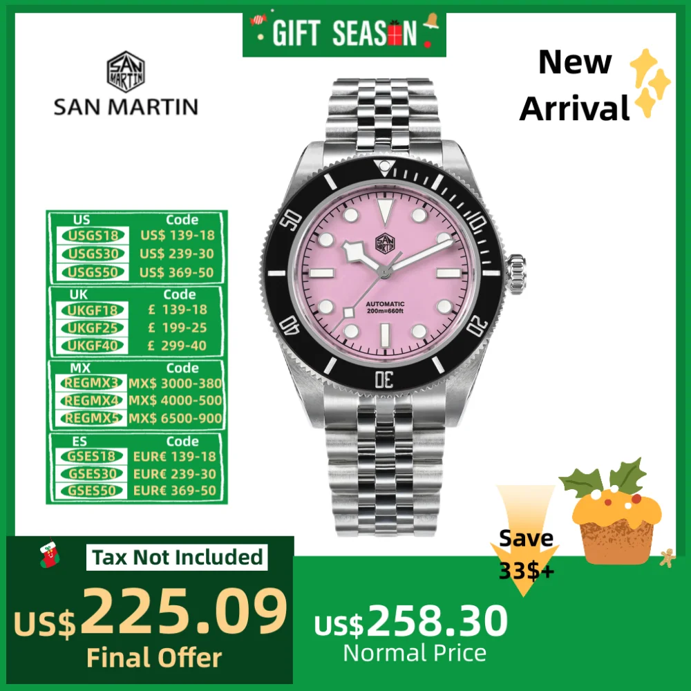 San Martin 40mm Enamel Pink Dial Men\'s Wrist Watch Diver Mechanical NH35 Jubilee Bracelet Sapphire Waterproof Self-Wind SN0128-4