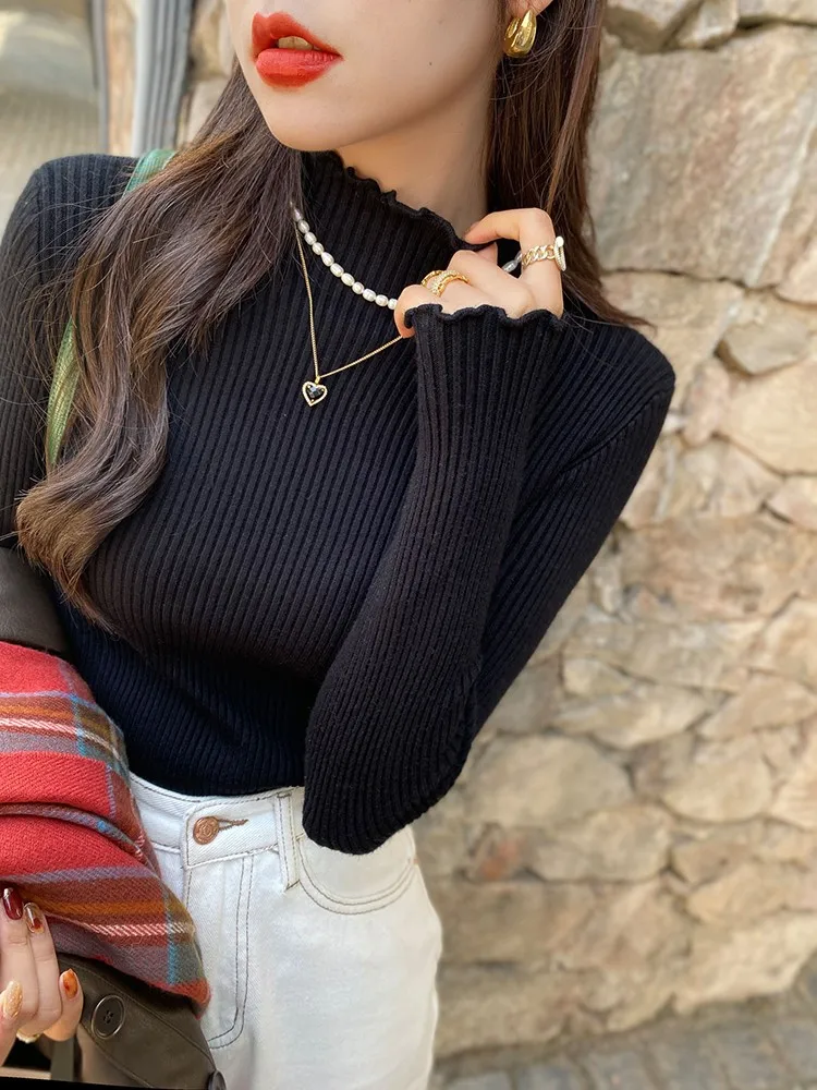 2024 Long Sleeve Ruffles Turtleneck Slim Jumper Soft Warm Pull Femme Autumn Winter Sweater Women Knitted Ribbed Pullover