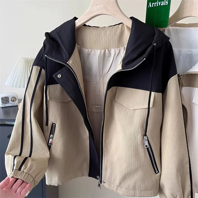 

Splicing Short Hooded Coat Women's Spring Autumn New Large Size Jacket Loose Casual Outwear Popular Tooling Outcoat Ladies Tops