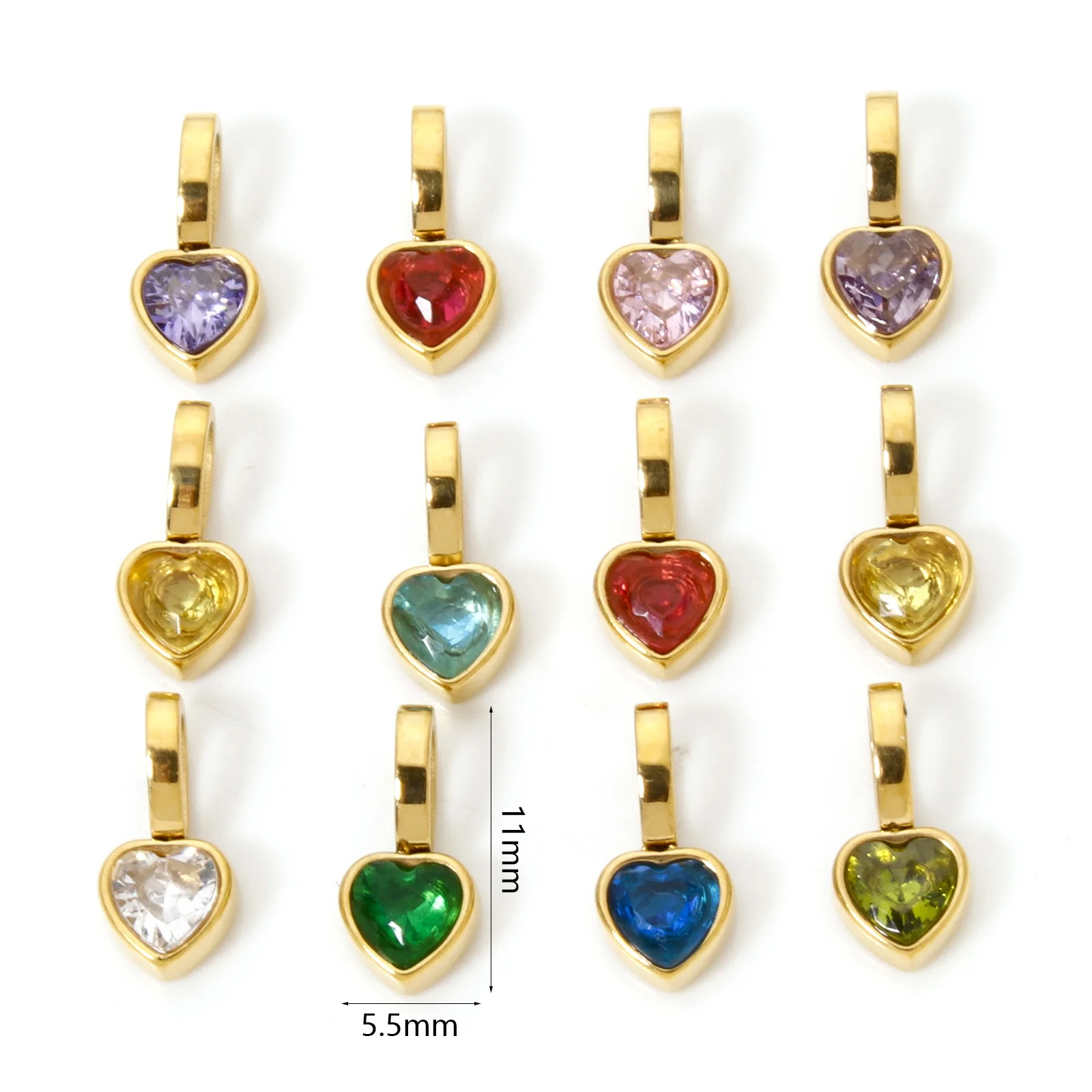 1 Piece 304 Stainless Steel Valentine's Day Charm Pendant 14K Gold Plated Heart Mini Multicolour Cubic Zirconia 11mm x 5.5mm