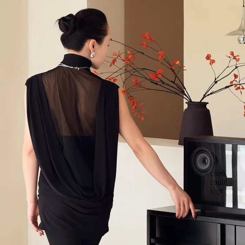 Hauts de danse latine amples pour femmes, sans manches, col haut noir, vêtements de danse pour enseignant, vêtements d'entraînement de danse latine pour adultes DNV25319