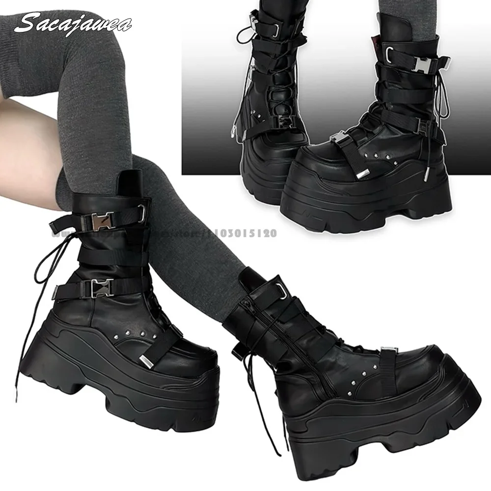 Gothic Punk Style Side Zipper Chunky Heel Motorcycle Boots Round Toe Platform Size 35-40 Lady Boots Solid 9CM Heel Mid Claf Boot