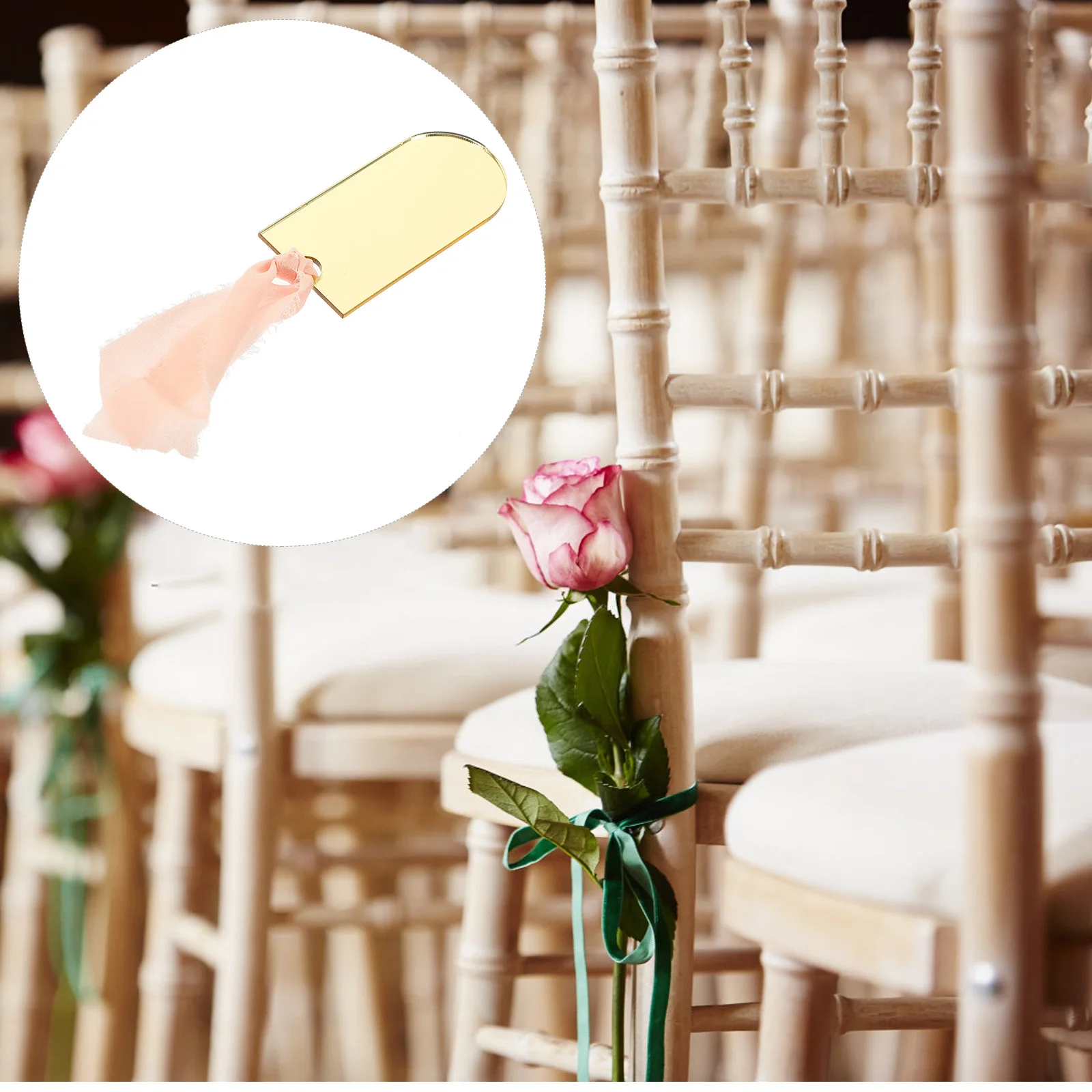 

8pcs Mirror Gold Acrylic Arch Signs Blank Ribbon Wedding Seat Tags Party Name Cards Reserved Chair Signs for Decoration