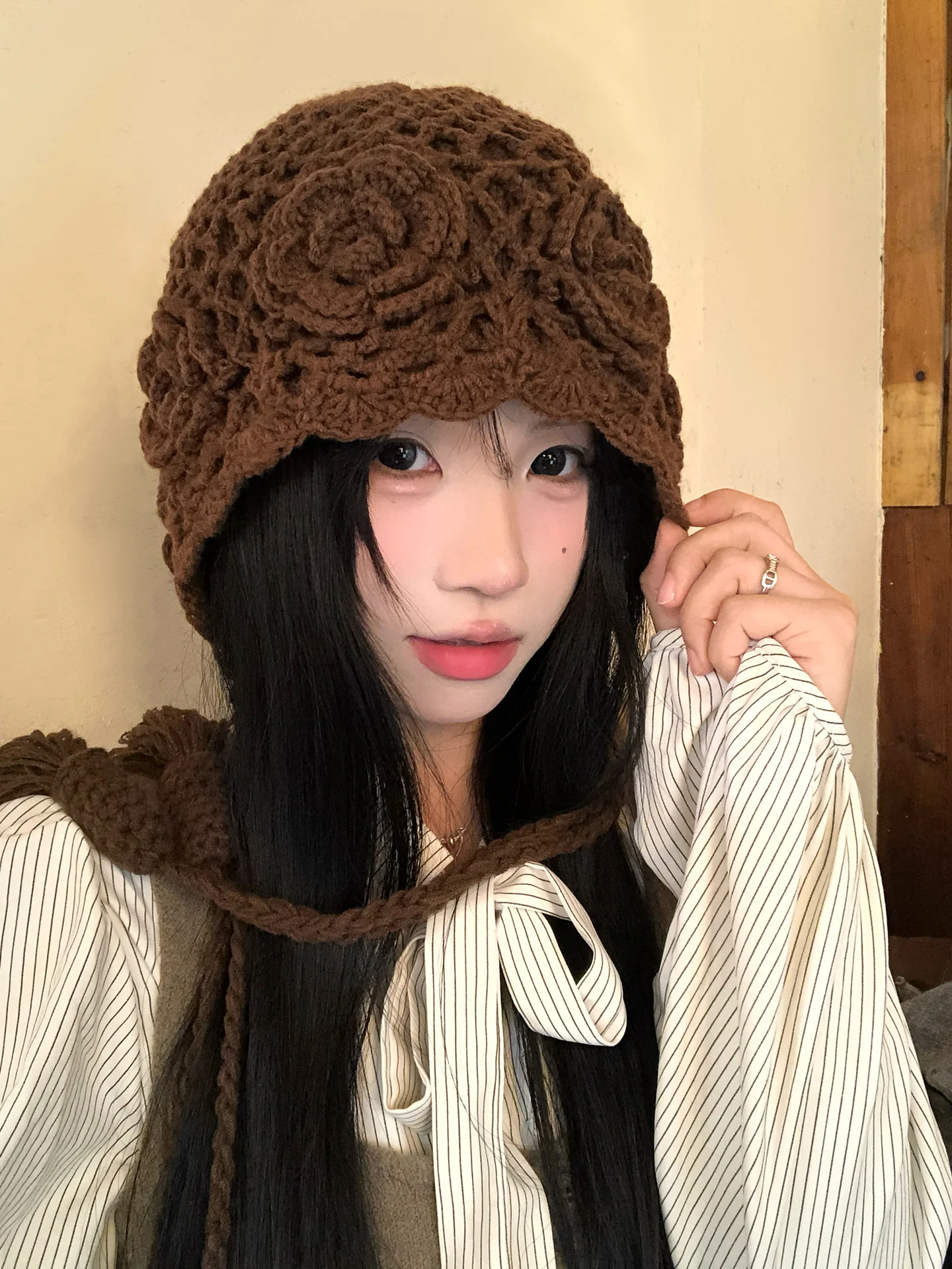 Hand-Knitted Furry Tassel Knit Wool Cap Women's Autumn Winter Travel Warm Ear Protection Belted Wrap Head Hat Casual Style