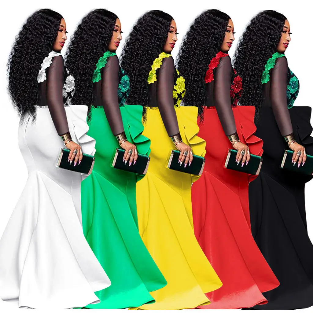 2025 Duży Rozmiar Dr Lace Trim See tough Long Sve Commute Sle Fi Tail Skirt Polyester Fabric round Neline Spring