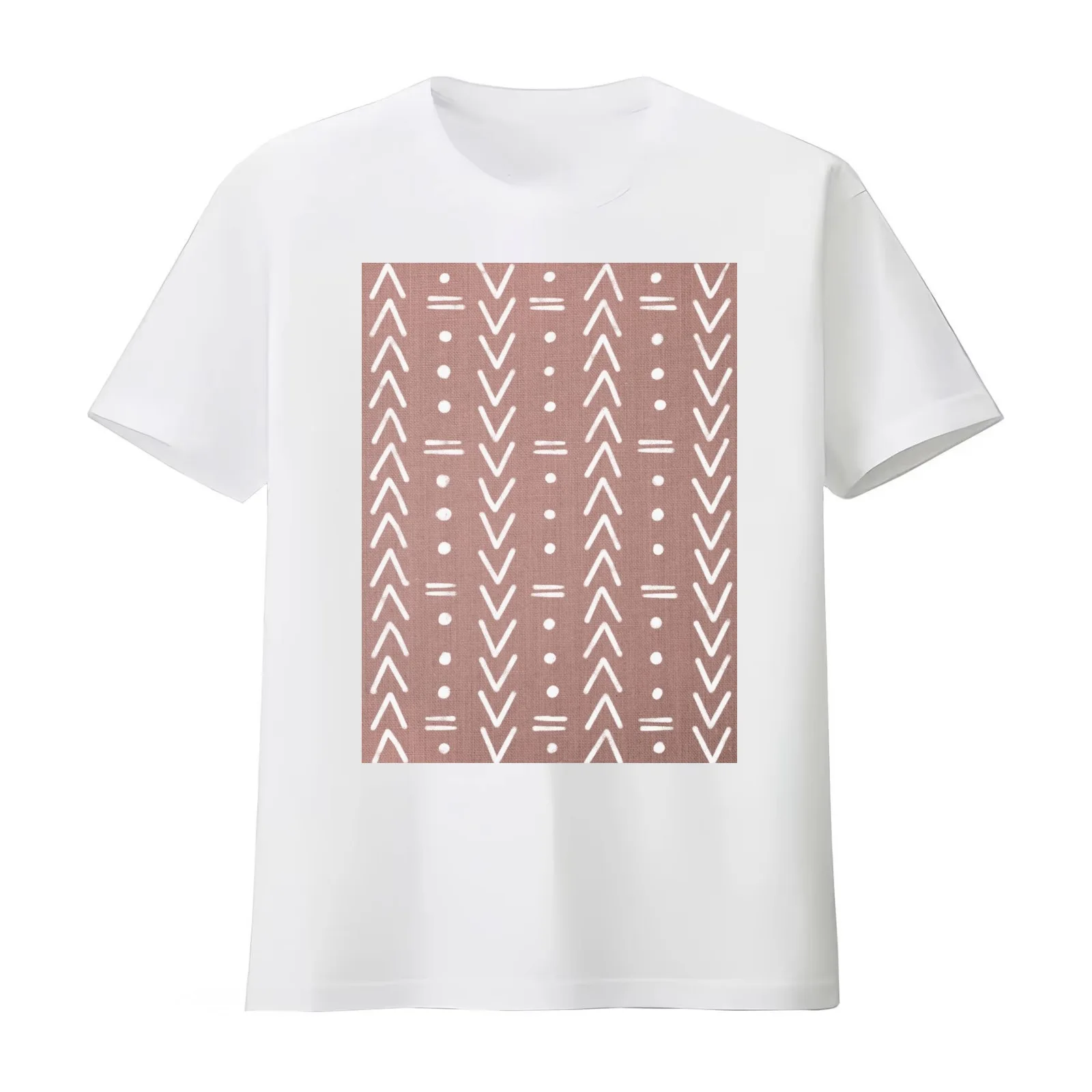 Mudcloth White Geometric Shapes in Blush Pink T-Shirt Summer Casual Cotton Tee Oversized Streetwear Tops Unisex Men Women